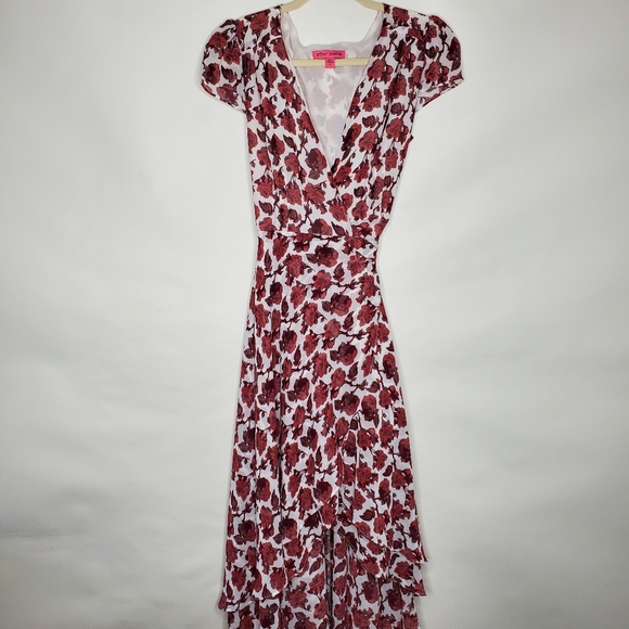 Betsey Johnson Floral Wrap Midi Dress Size 14 Asymmetric Hem Layered Romantic - Picture 2 of 13